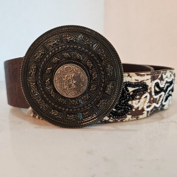 Chicos Small Genuine Leather Belt Aztec Medallion Buckle Brown Beaded - Picture 3 of 15